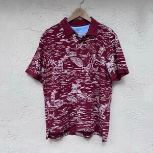 Lands’ End Maroon Hawaiian Print Polo Shirt Surf Palm Trees Men’s L